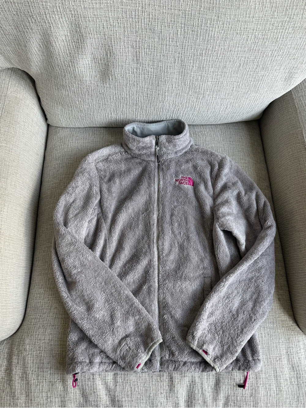 The North Face Kids Gray Fuzzy Full-Zip Jacket with Pink Logo